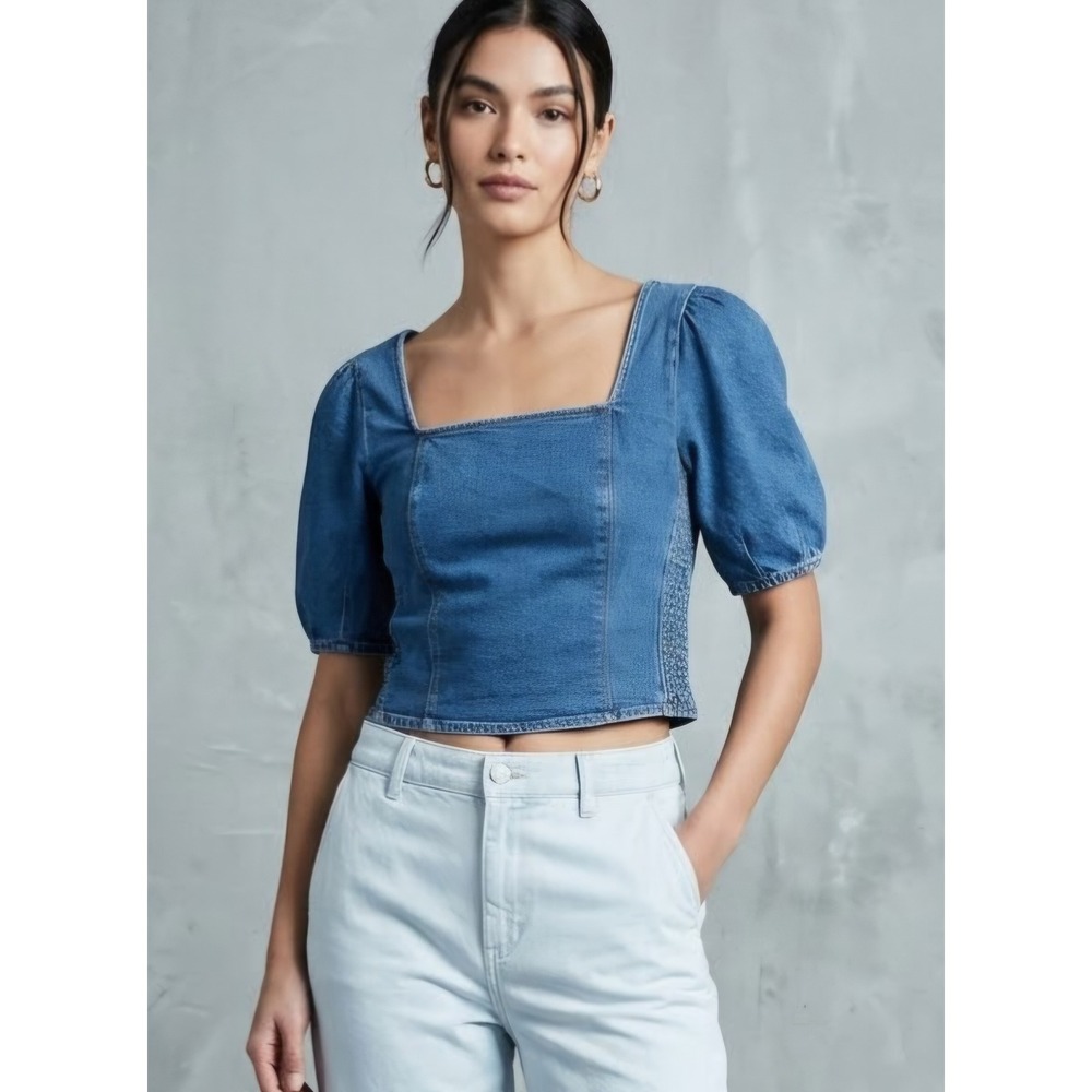 Old Navy Denim Puff Sleeve Smocked Square Neck Crop Top Medium M